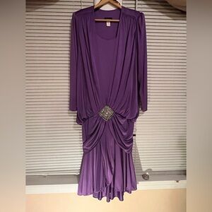 JOVANI Long Sleeve Purple Formal Dress with Embellished Waist